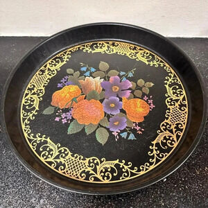 Vintage MTM England Metal Round Toleware Tray/ Retro Floral Print